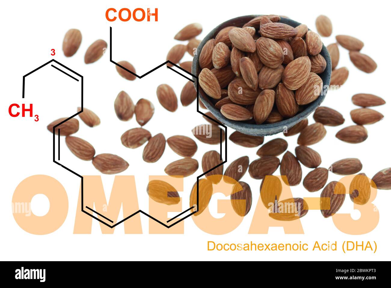 almonds in the bowl double exposed with omega 3 DHA science structure