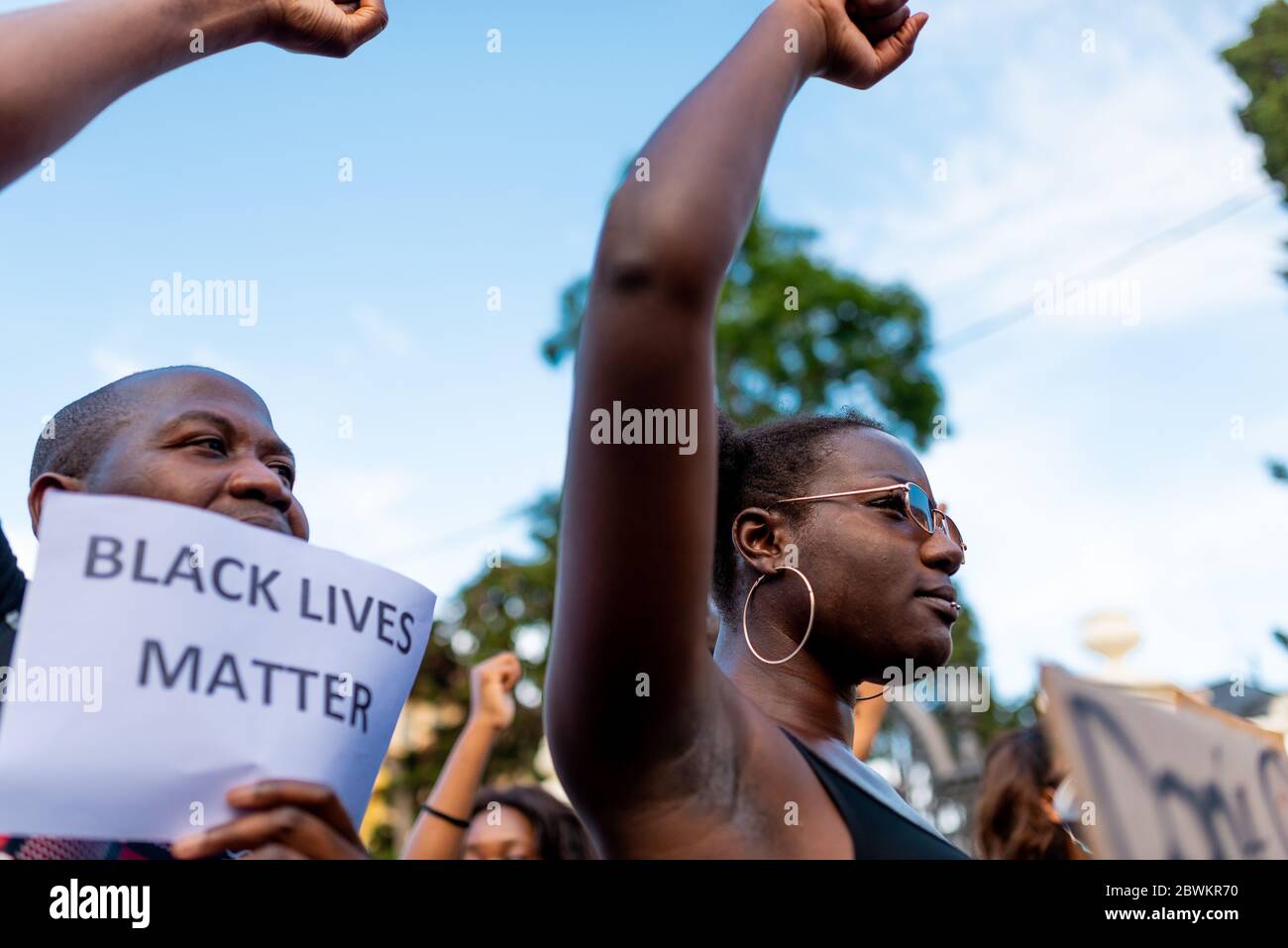 Barcelona, spain - 1 june 2020: Black lives matter movement march in demanding end of police brutality and racism against african-americans and people Stock Photo