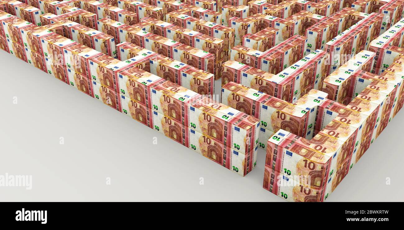 3d rendering of a maze made from euro banknotes isolated on white Stock ...
