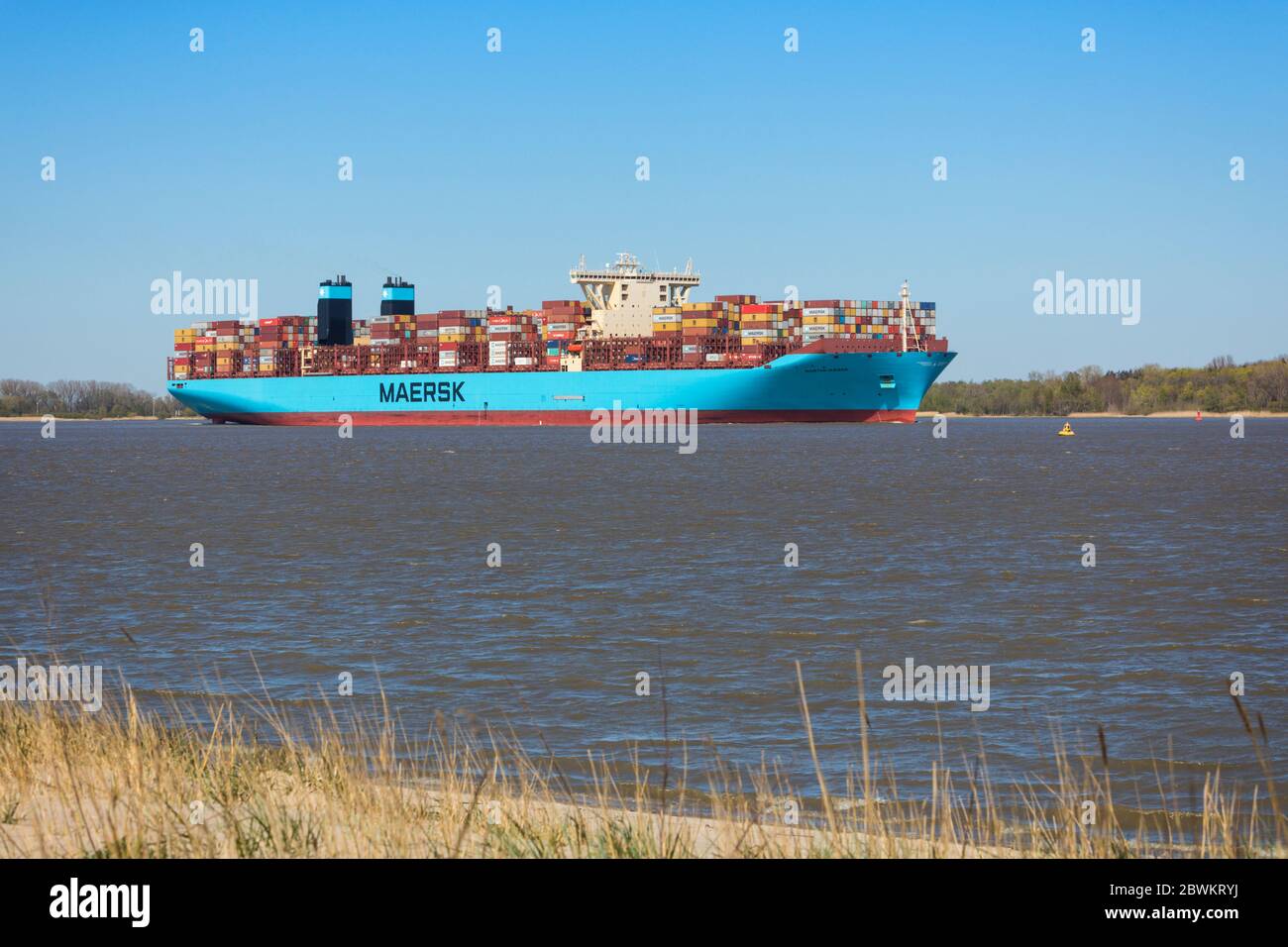 Stade, Germany - April 22, 2020: Container ship MORTEN MÆRSK on Elbe river heading to Hamburg. Beach and dune grass in foreground. Stock Photo
