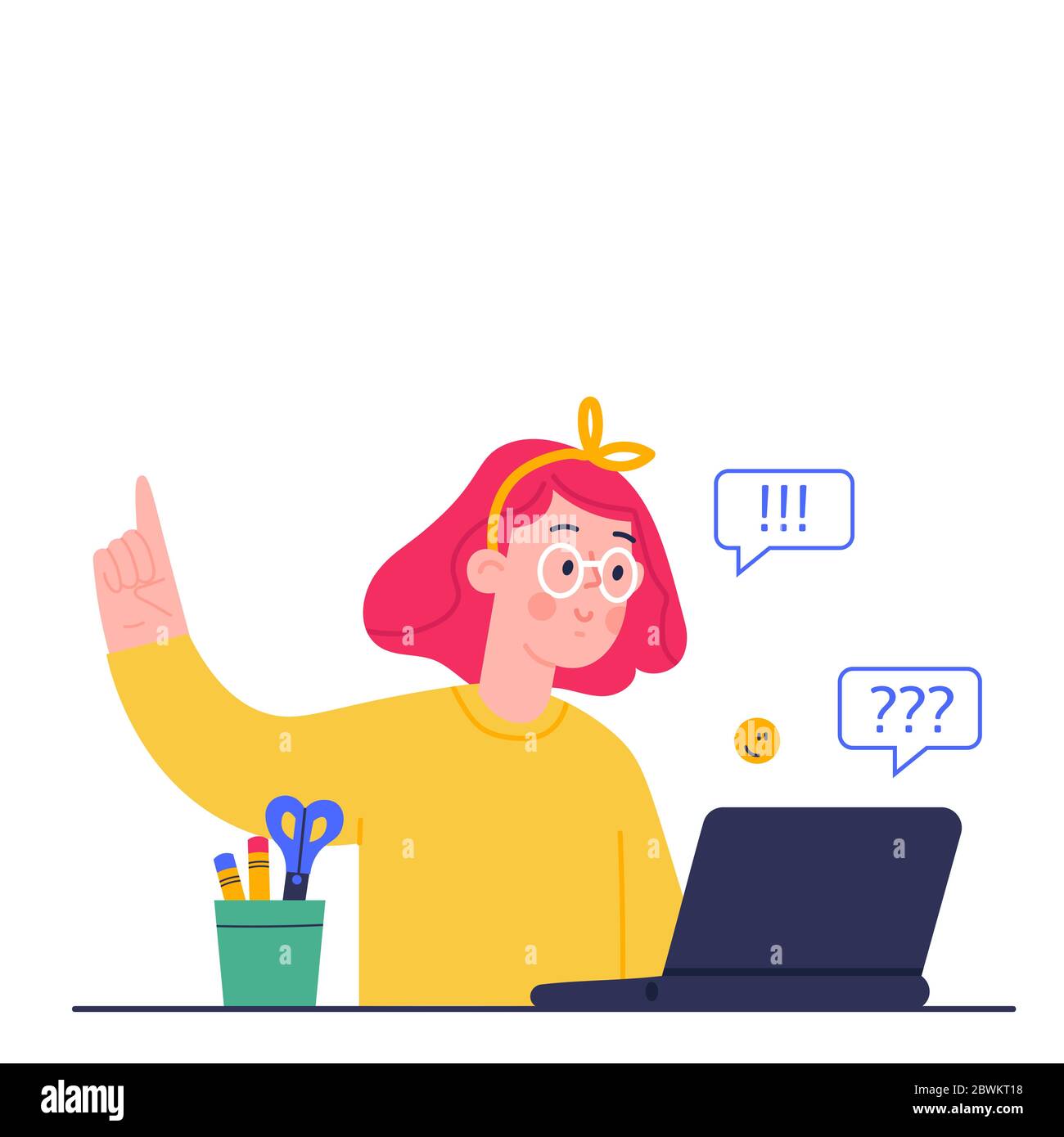 Online education concept. Distance study at school. Vector cartoon illustration of girl, studying by online learning with laptop.  Stock Vector