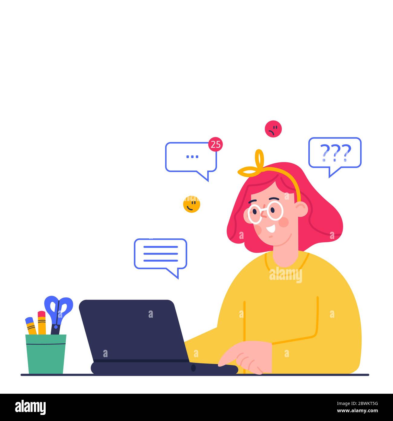 Online education concept. Distance study at school. Vector cartoon  illustration of girl, studying by online learning with laptop Stock Vector  Image & Art - Alamy