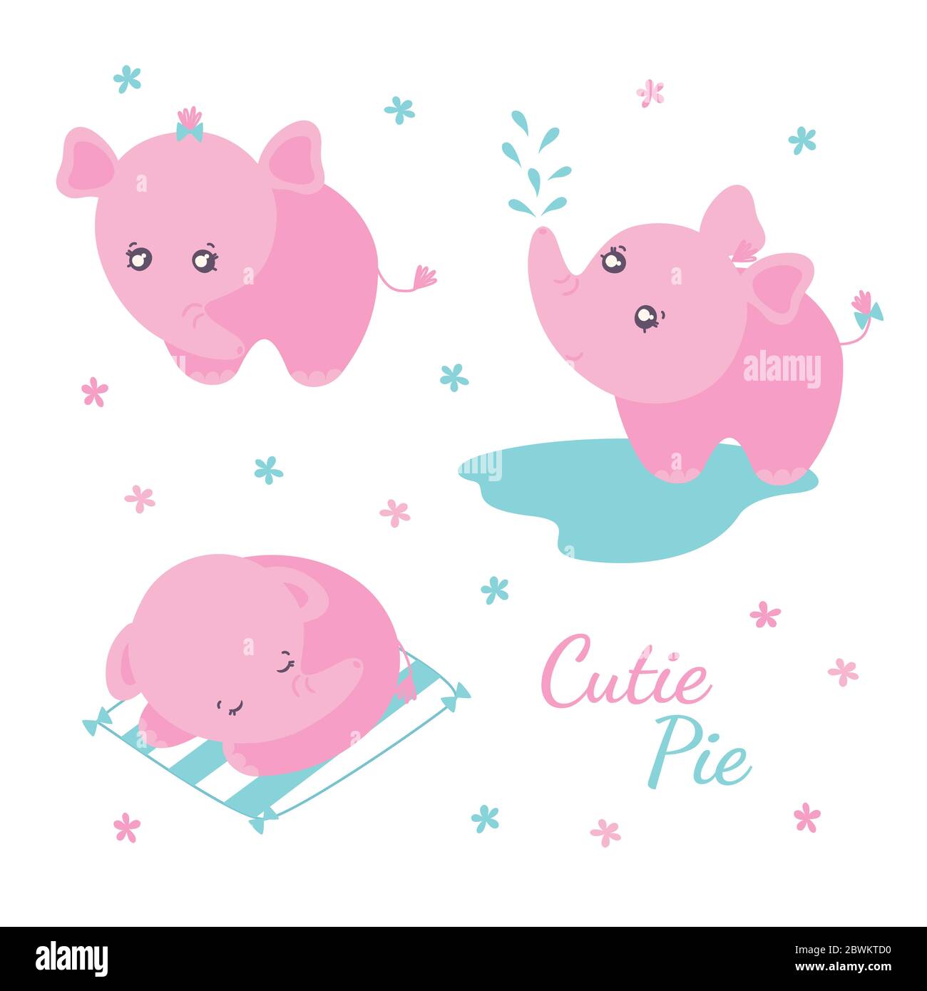 Set of cute pink elephants on white background with flowers. Vector