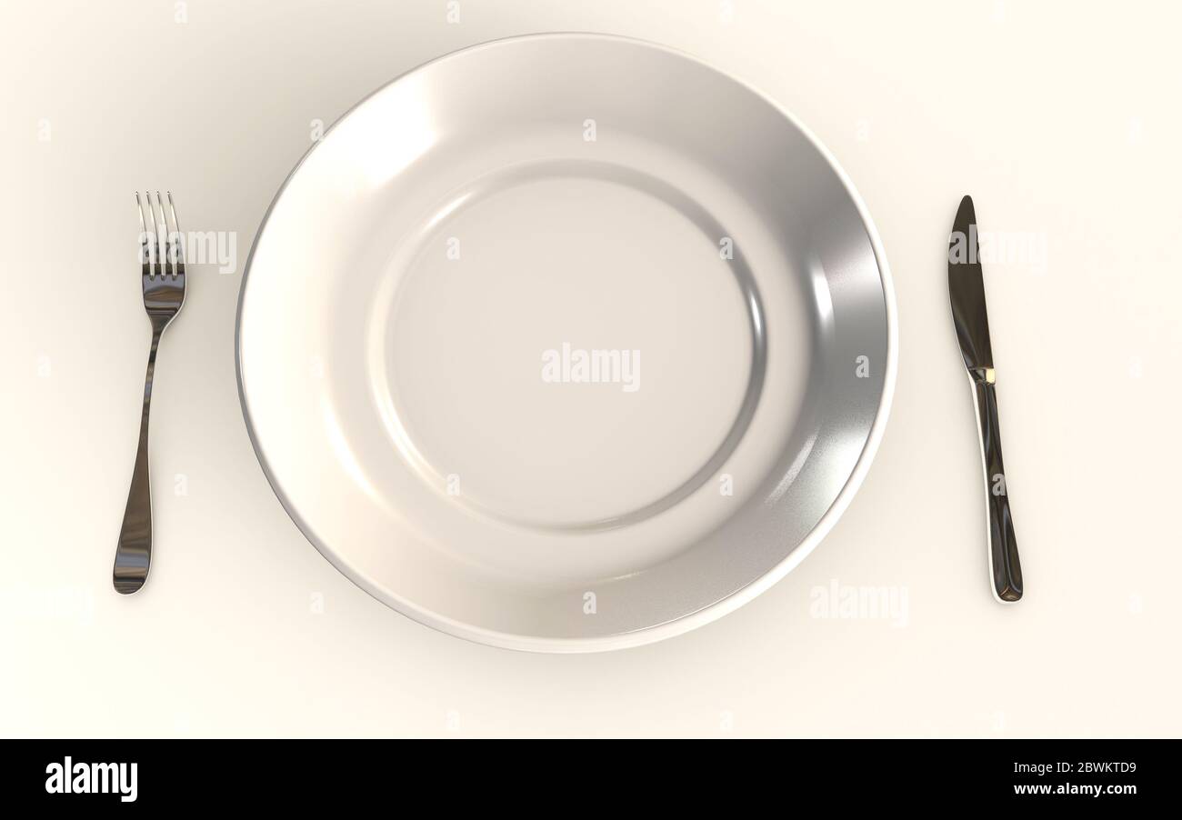 Table plate isolated on white background with a fork and a knife 3d ...
