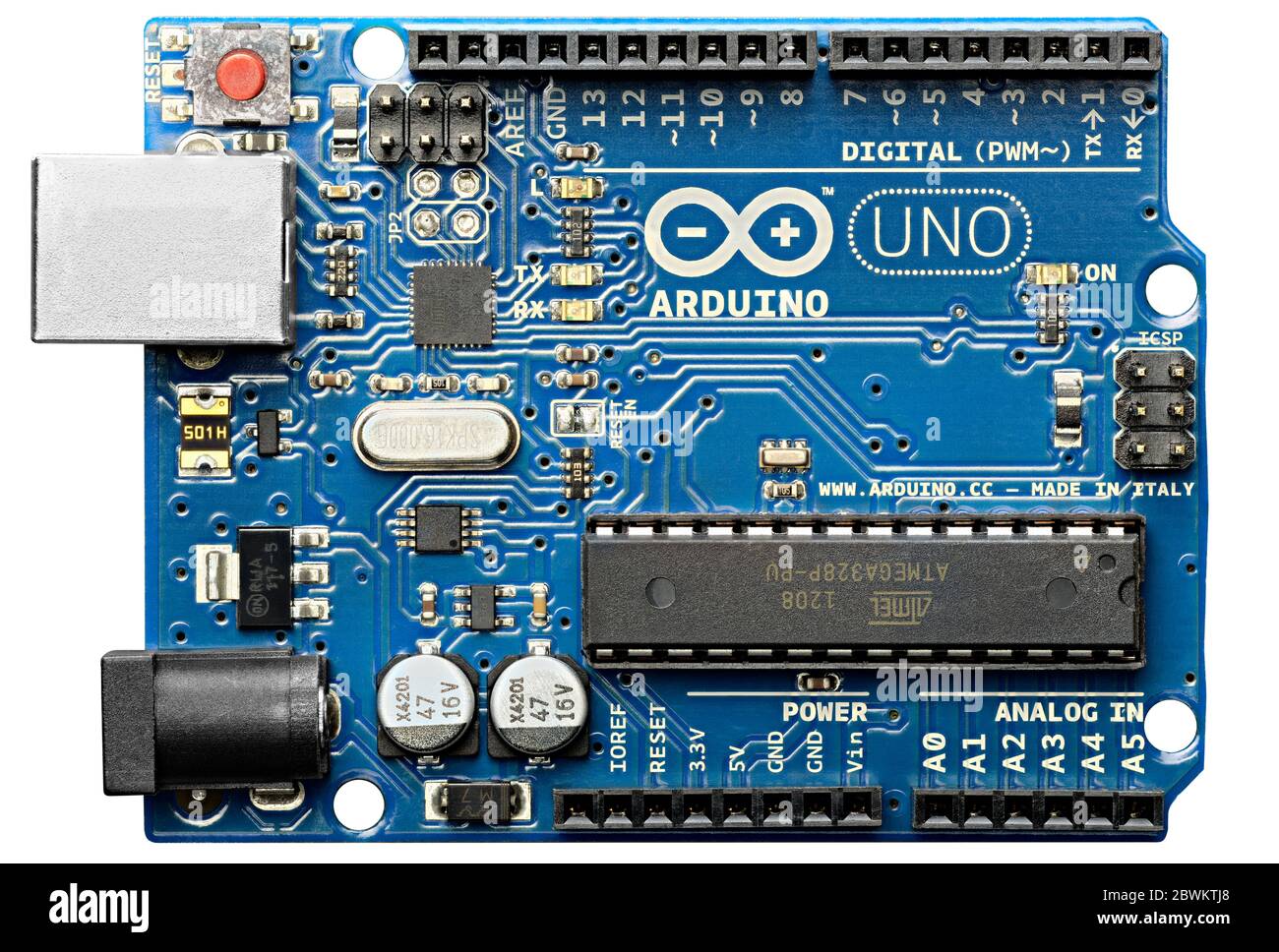 DURBAN SOUTH AFRICA - MARCH 28 2020: Arduino Uno, open source microcontroller development board, isolated on a white background Stock Photo