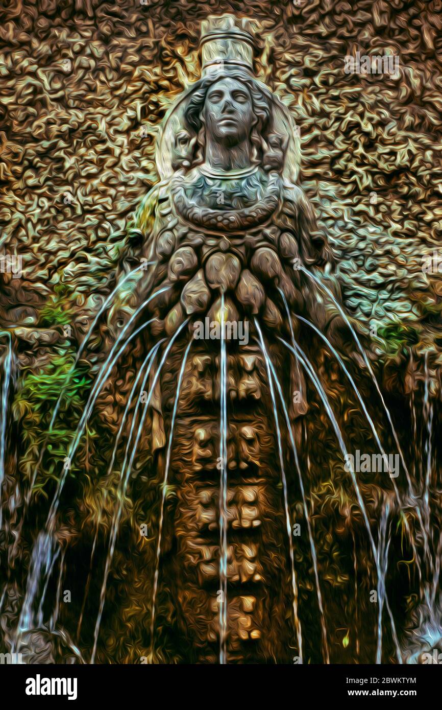 Fountain with the statue of Diana goddess representing fertility in the Villa d Este at Tivoli, Italy. Stock Photo