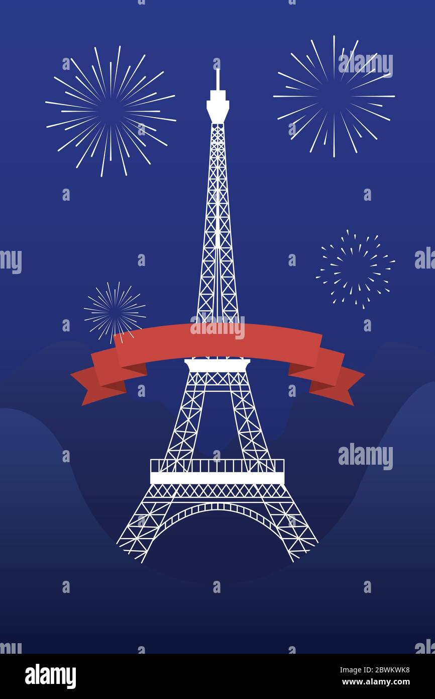 france eiffel tower ribbon and fireworks of happy bastille day vector design Stock Vector