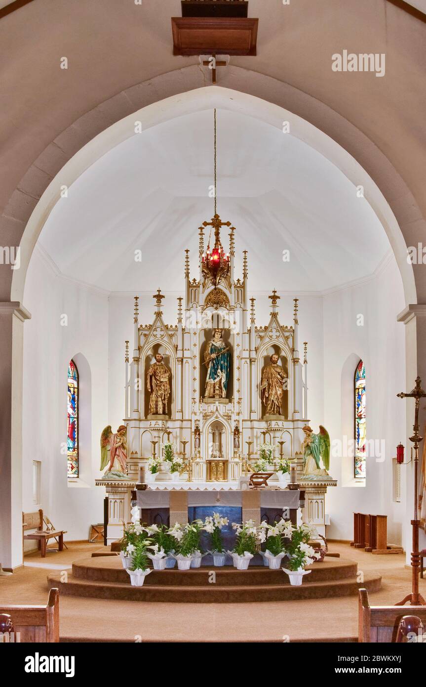 Main Altar at St. Louis Catholic Church, built 1870, in Castroville, Texas, USA Stock Photo