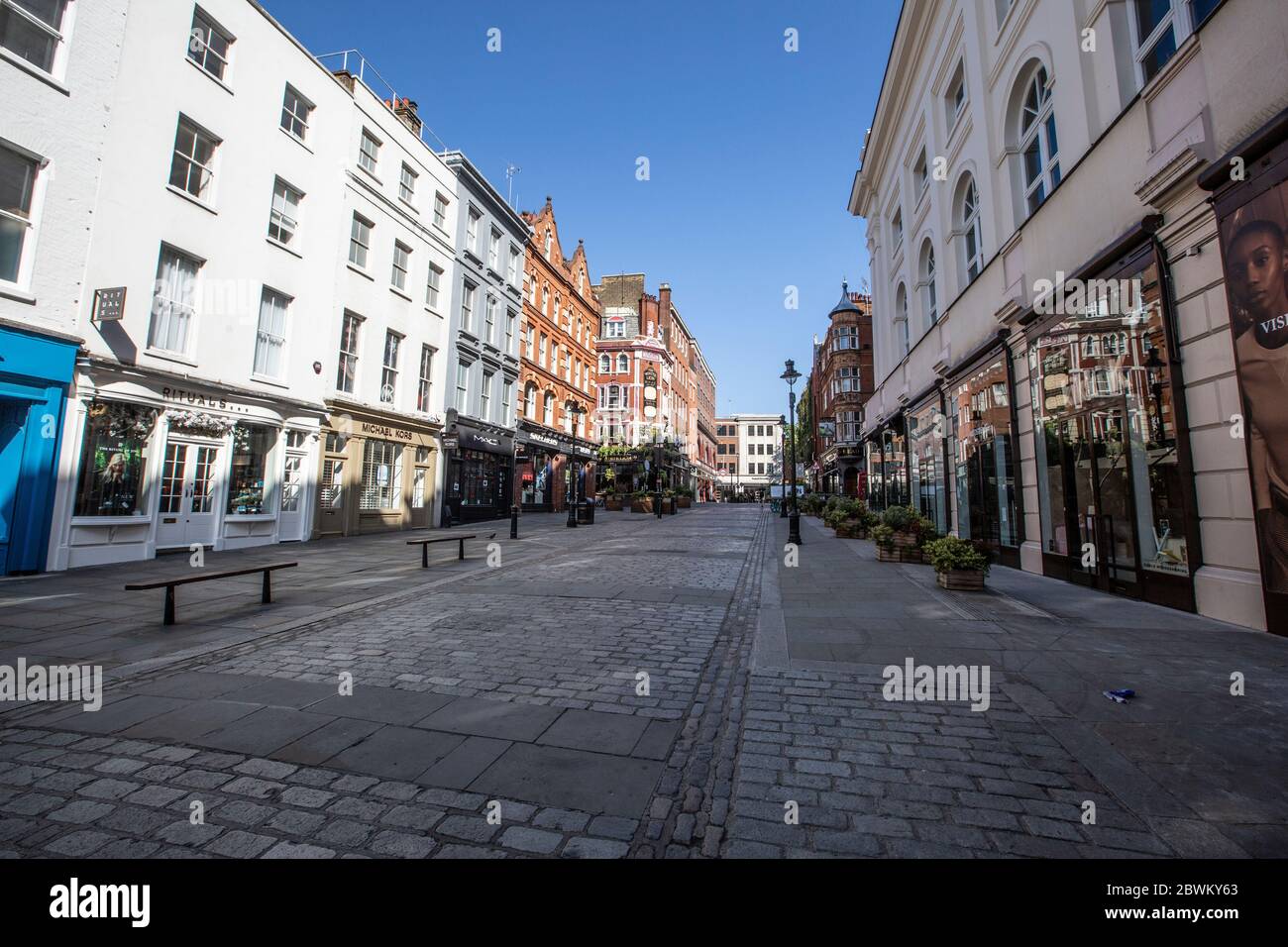 Empty streets of Covent Garden area of the West End in London during the coronavirus lockdown restrictions where businesses are unable to open, UK Stock Photo