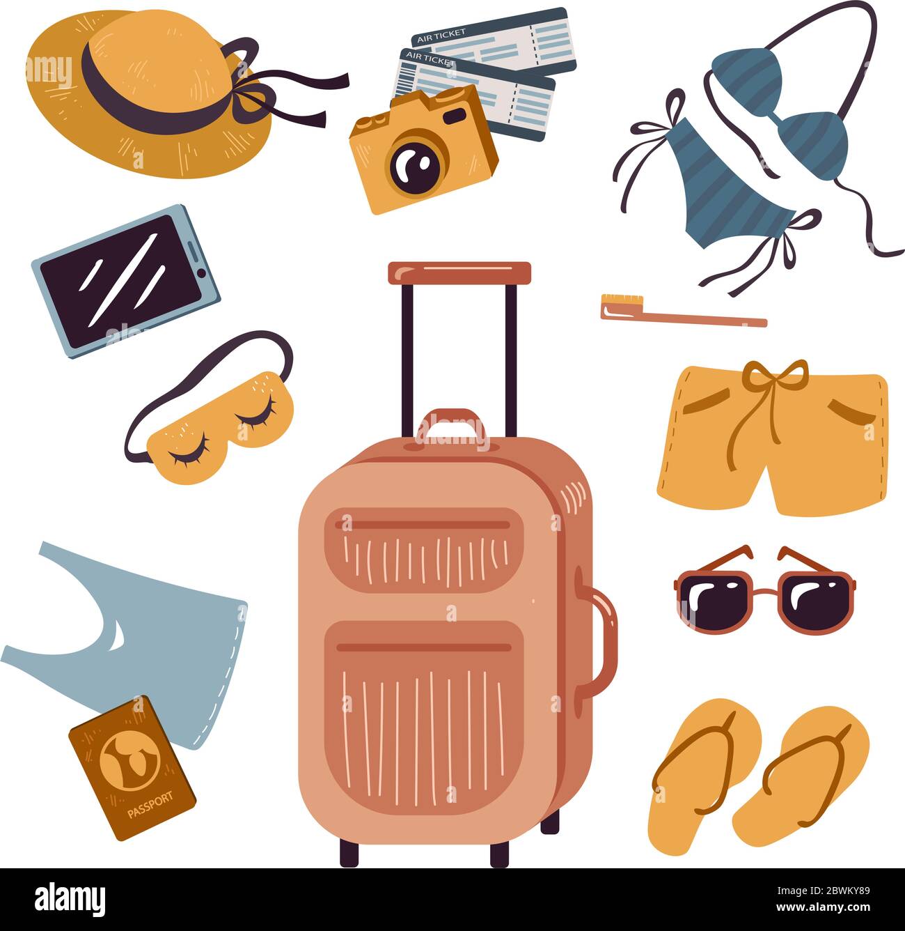 Vector set of things for beach, summer travel, vacation. Stock Vector