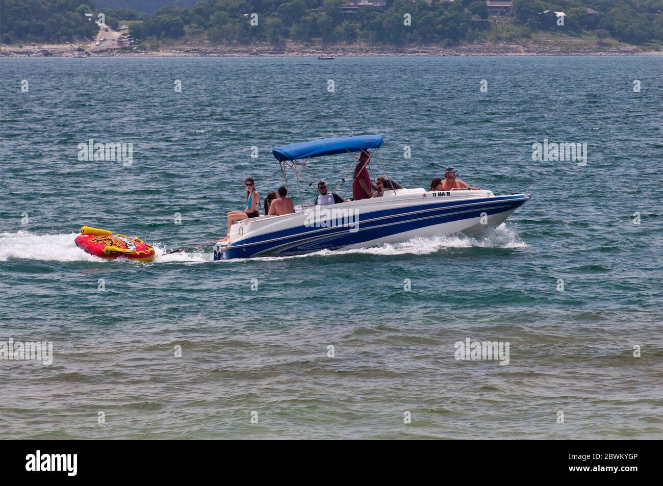 Speedboat on Canyon Lake, artificial reservoir in Hill Country, Texas, USA Stock Photo