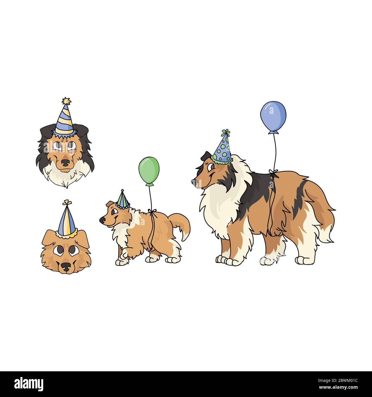Cute cartoon rough collie dog party set vector clipart. Pedigree kennel ...