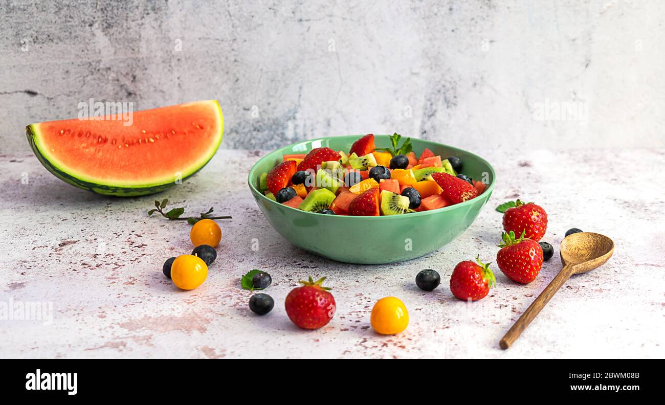 Summer fruit salad with berries and watermelon Stock Photo