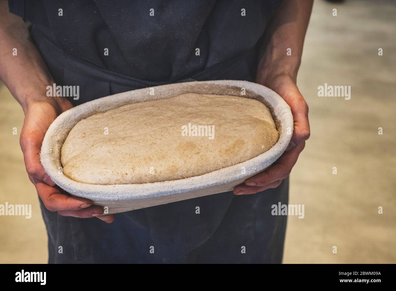 Artisan bakery making special sourdough bread, a proving basket of