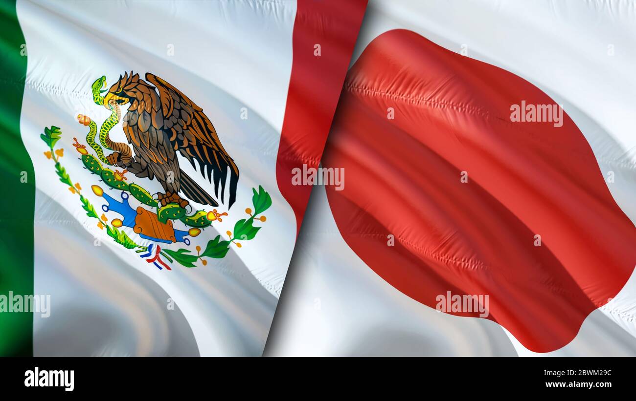 Mexico and Japan flags. 3D Waving flag design. Mexico Japan flag