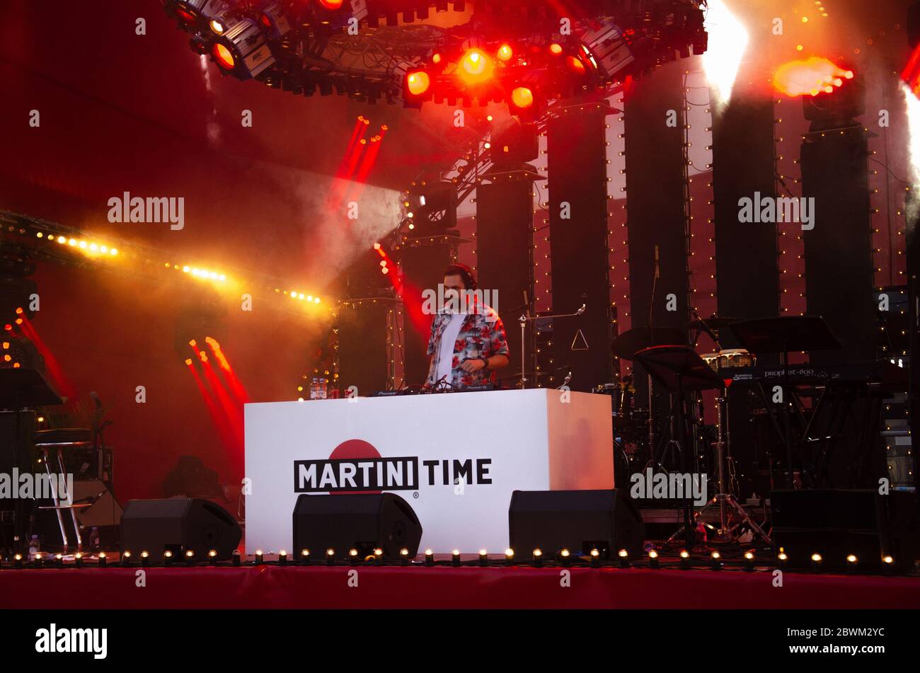 MOSCOW, RUSSIA - JUNE 21, 2019; Festival of gastronomic entertainment. Food festival. DJ is performing on a stage. Martini logo brend sponsor. Khlebza Stock Photo