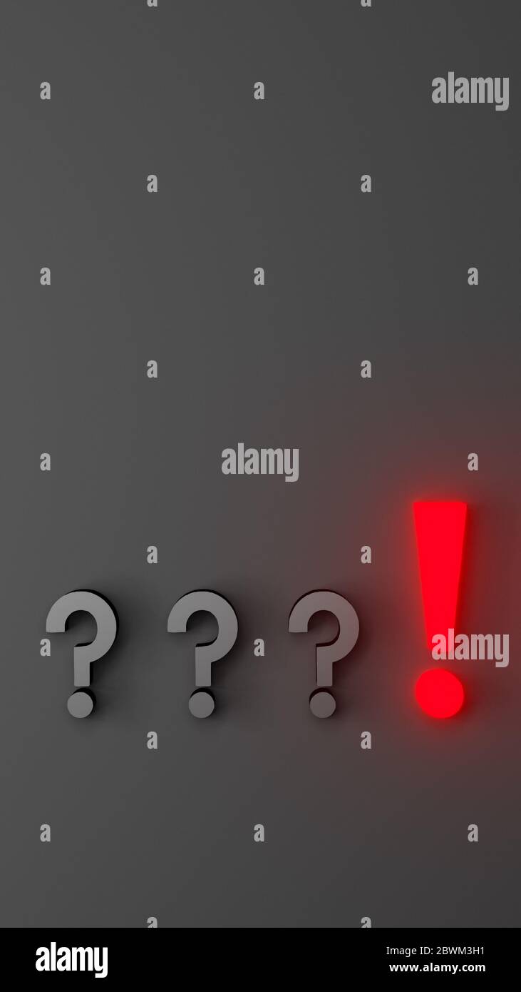 One red glowing exclamation mark and three black question marks in line and order aligned on