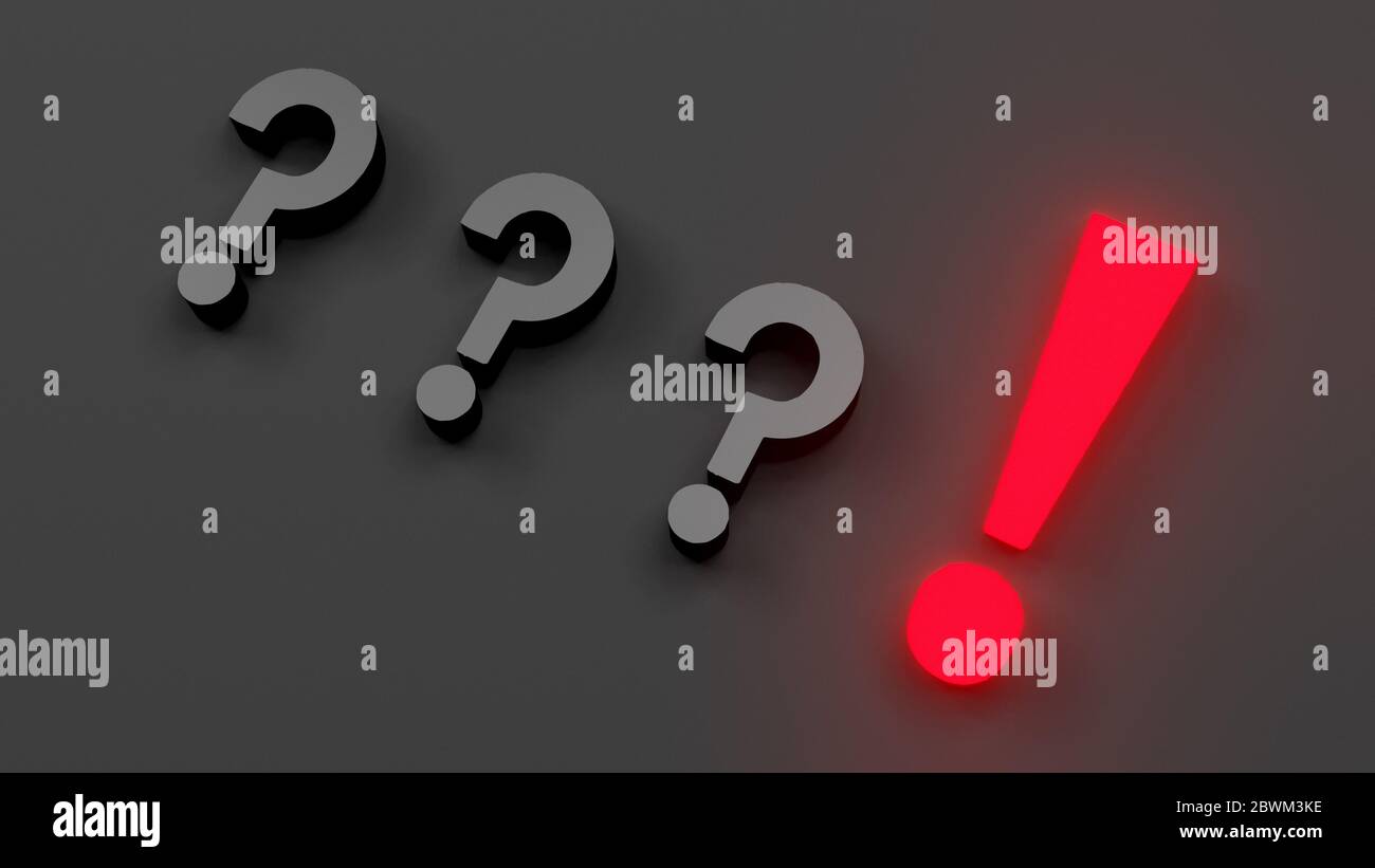 One red glowing exclamation mark and three black question marks in line and order aligned on