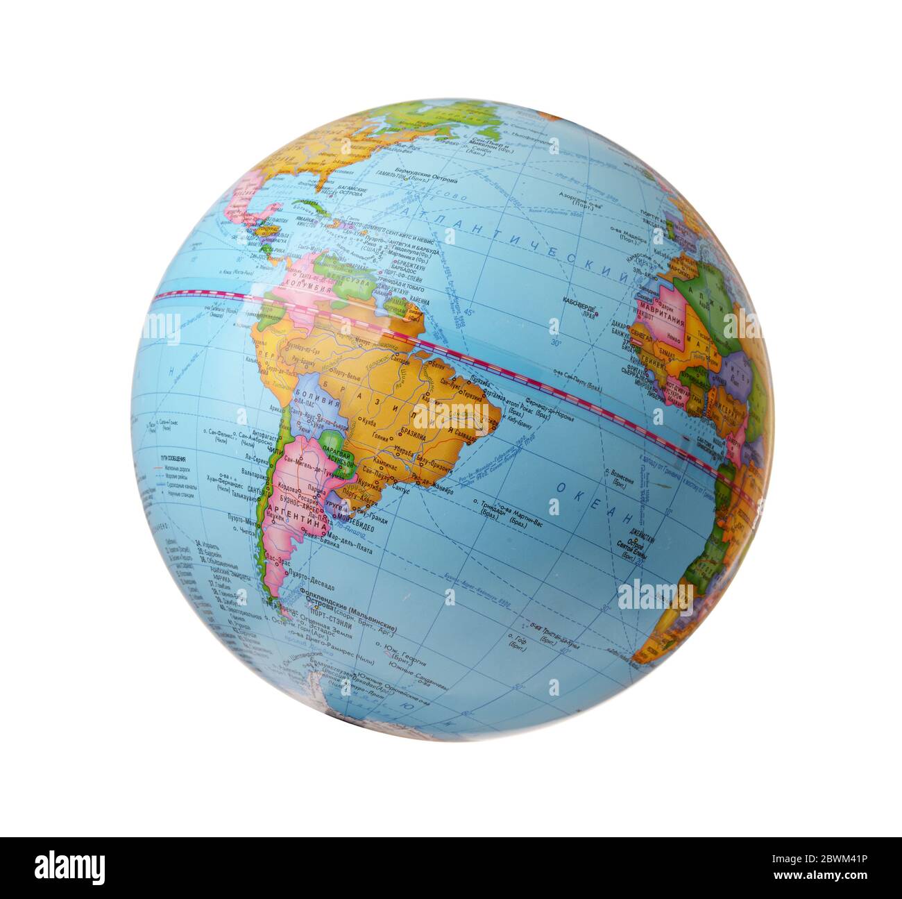 Moscow, Russia - Agust, 30 2019 - Global concept. Blue globe isolated on a white background. School globe - model of Earth. Object of learning. Stock Photo
