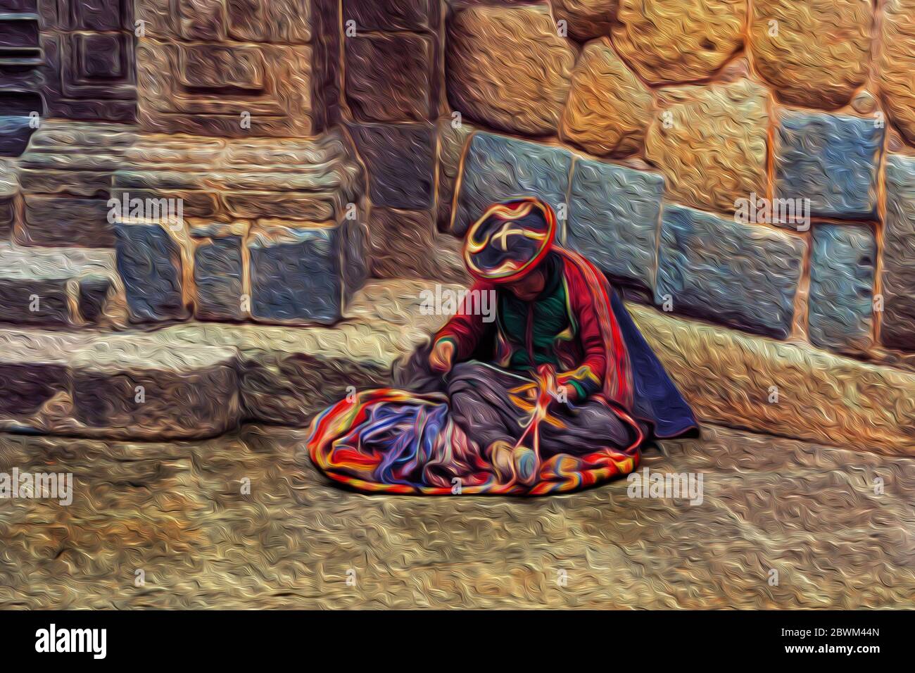 Indigenous woman wearing typical clothes seated on street of Cusco ...