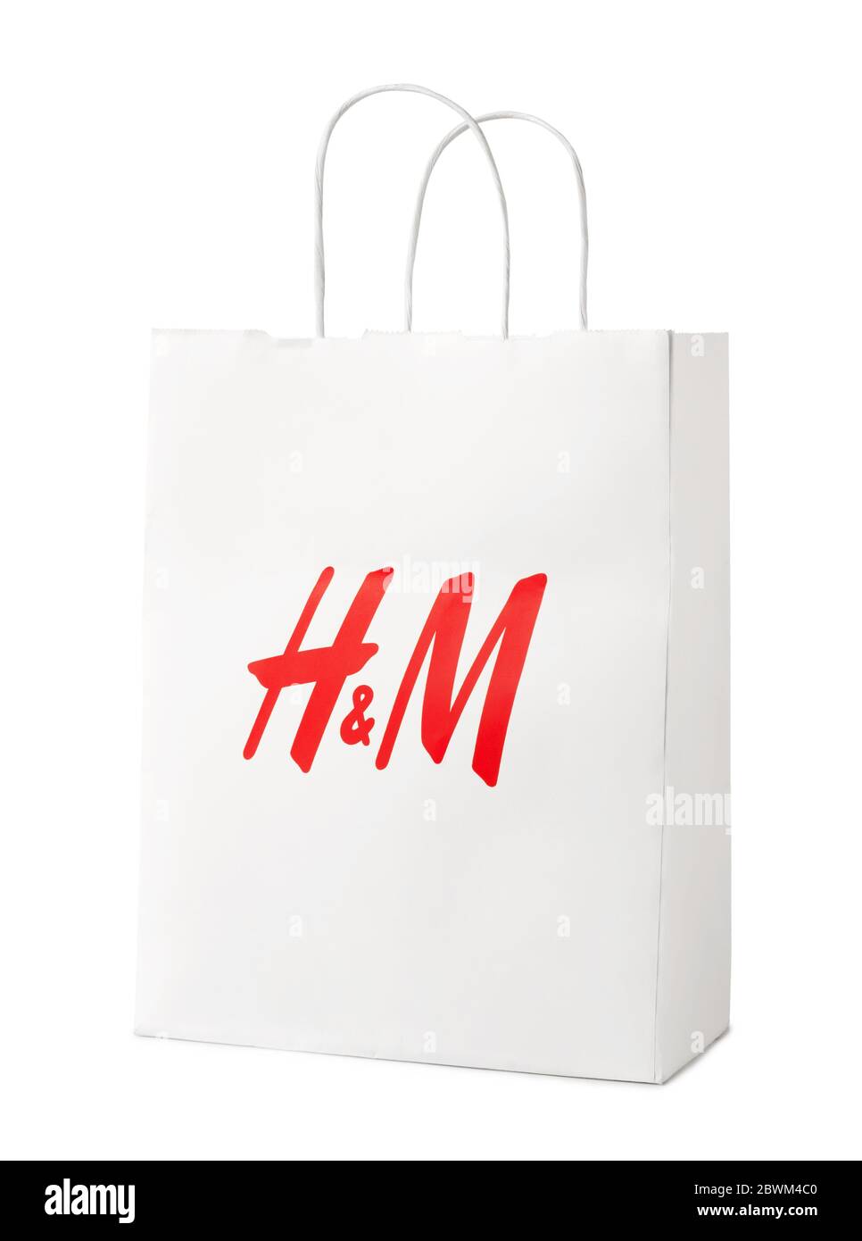 RUSSIA, MOSCOW - NOV 10, 2019: H & M Hennes & Mauritz paper beg. H & M is a Swedish multinational clothing-retail company, It operates over 4,000 stor Stock Photo