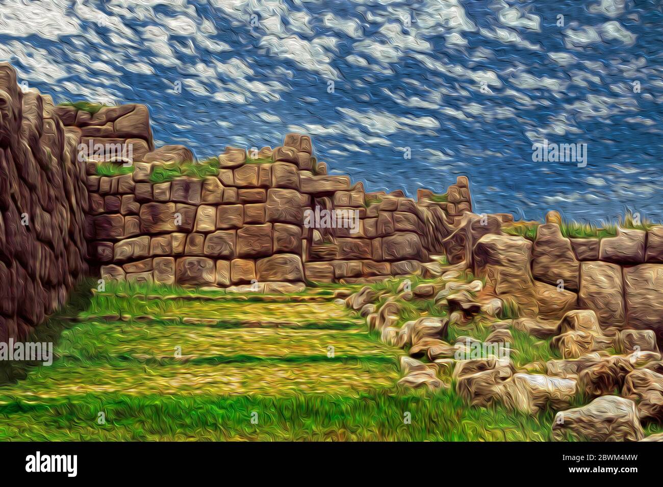 Stone ruins and entrance at the Inca archaeological site of ...