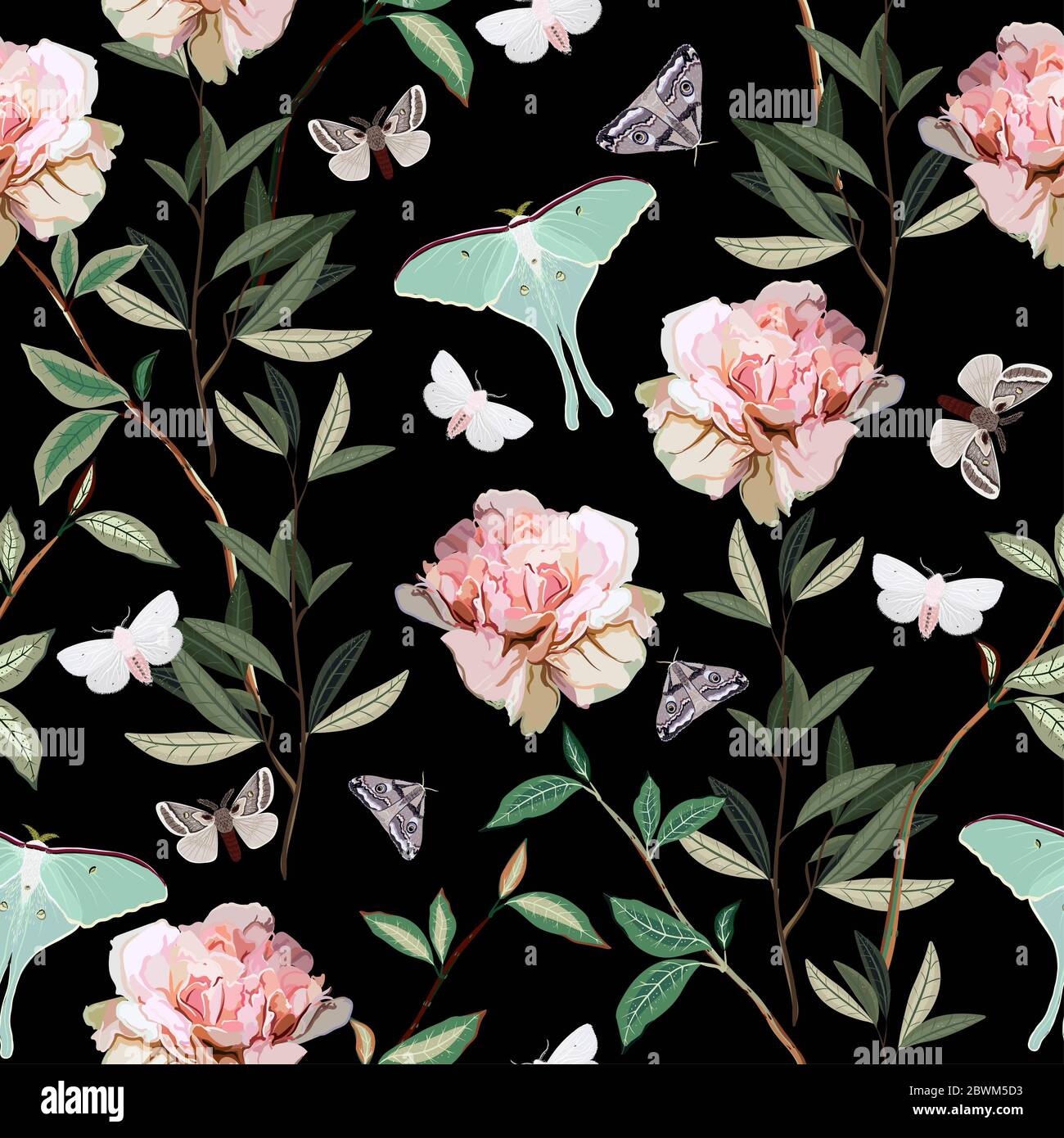 Seamless vector pattern with night butterflies and moths among the ...