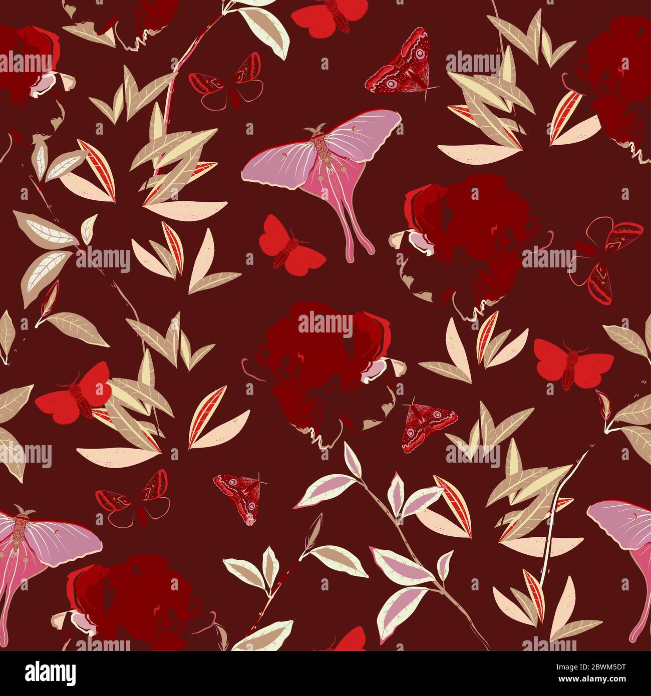 Seamless vector pattern with butterflies and moths among the bushes ...