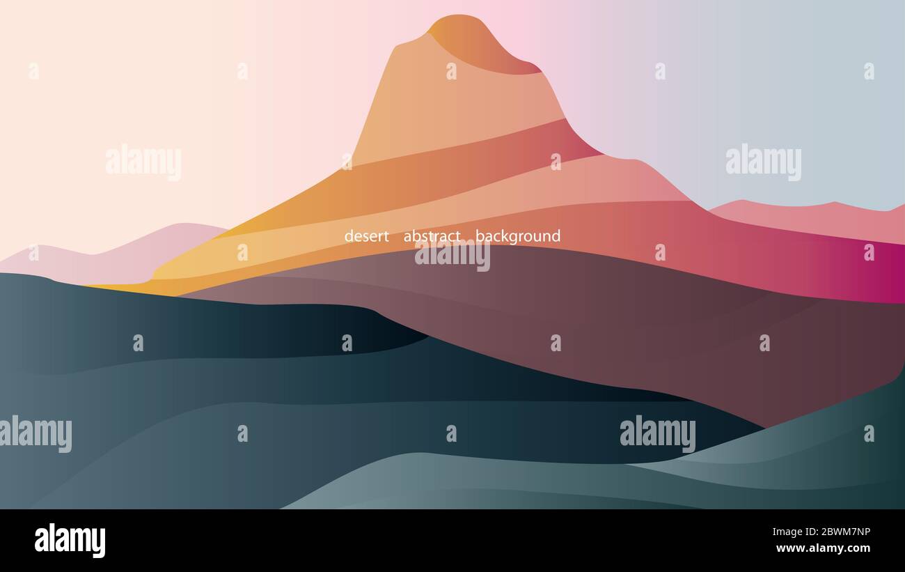 Minimalistic landscape in golden, gray and blue colors with a desert and a high hill. Vector illustration. EPS10 Stock Photo