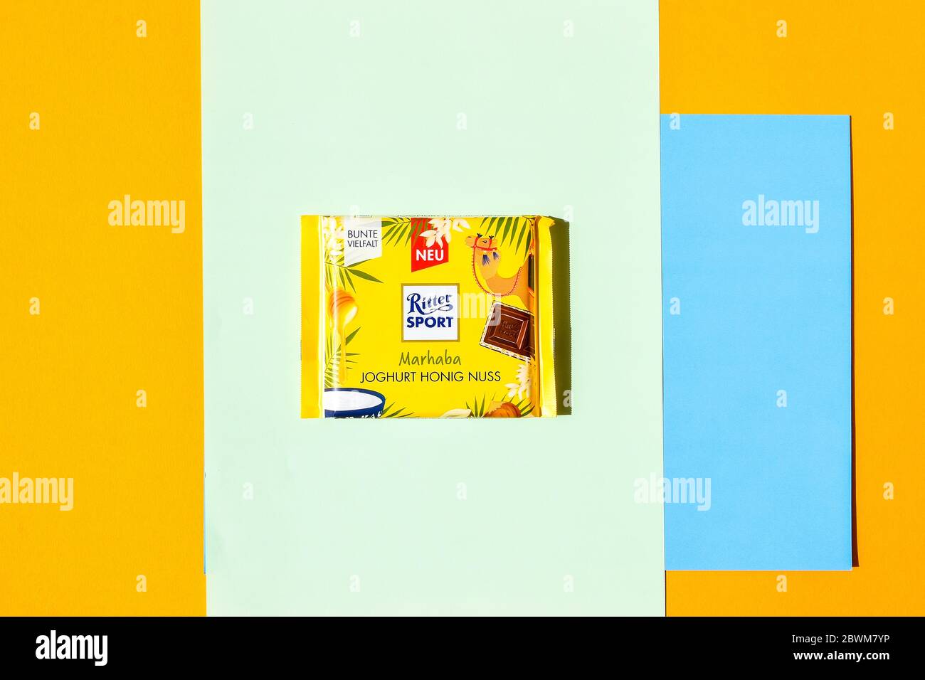 Zhytomyr, Ukraine - June 2, 2020: chocolate Ritter Sport bars. German chocolate, has 56 different tastes. Ritter Sport chocolate bar made by Alfred Stock Photo