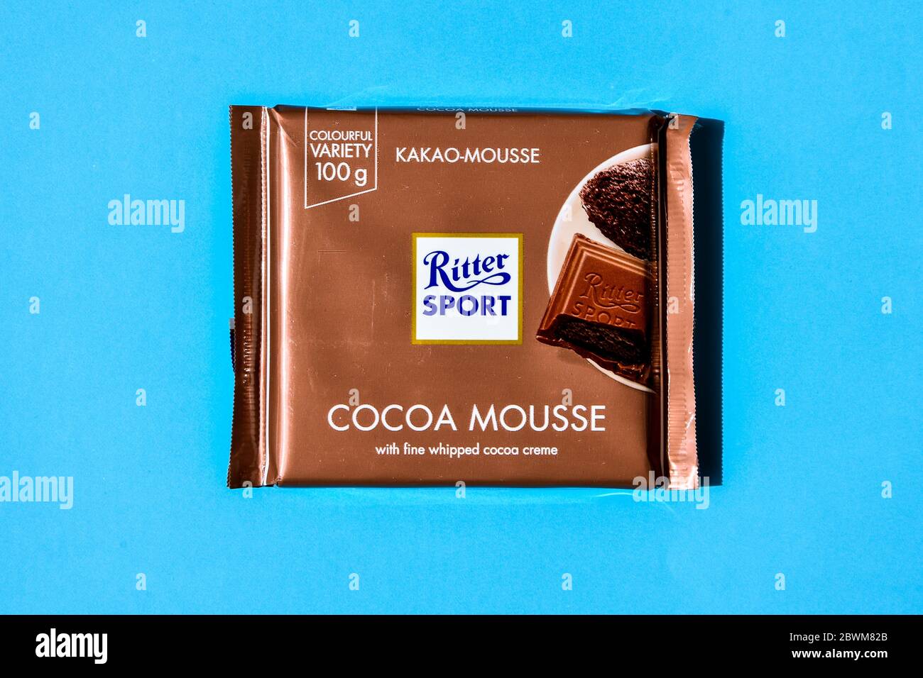 Zhytomyr, Ukraine June 02, 2020: Variety of Ritter Sport chocolate bars. Ritter Sport was founded in 1912 in Stuttgart-Bad Cannstatt, Germany Stock Photo