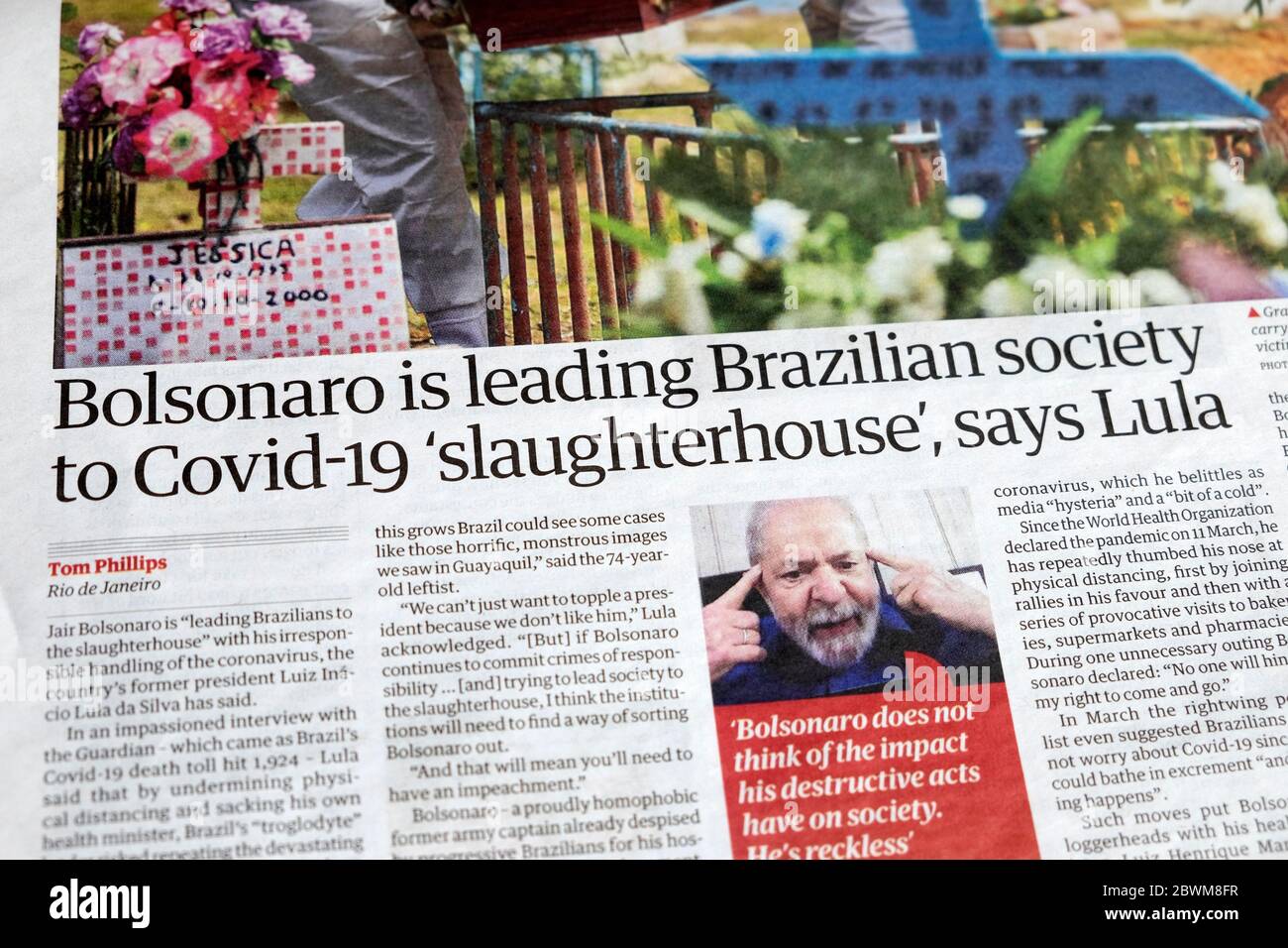 'Bolsonaro is leading Brazilian society to Covid-19 'slaughterhouse,' says Lula' 17 April 2020 inside article in Guardian newspaper London England UK Stock Photo