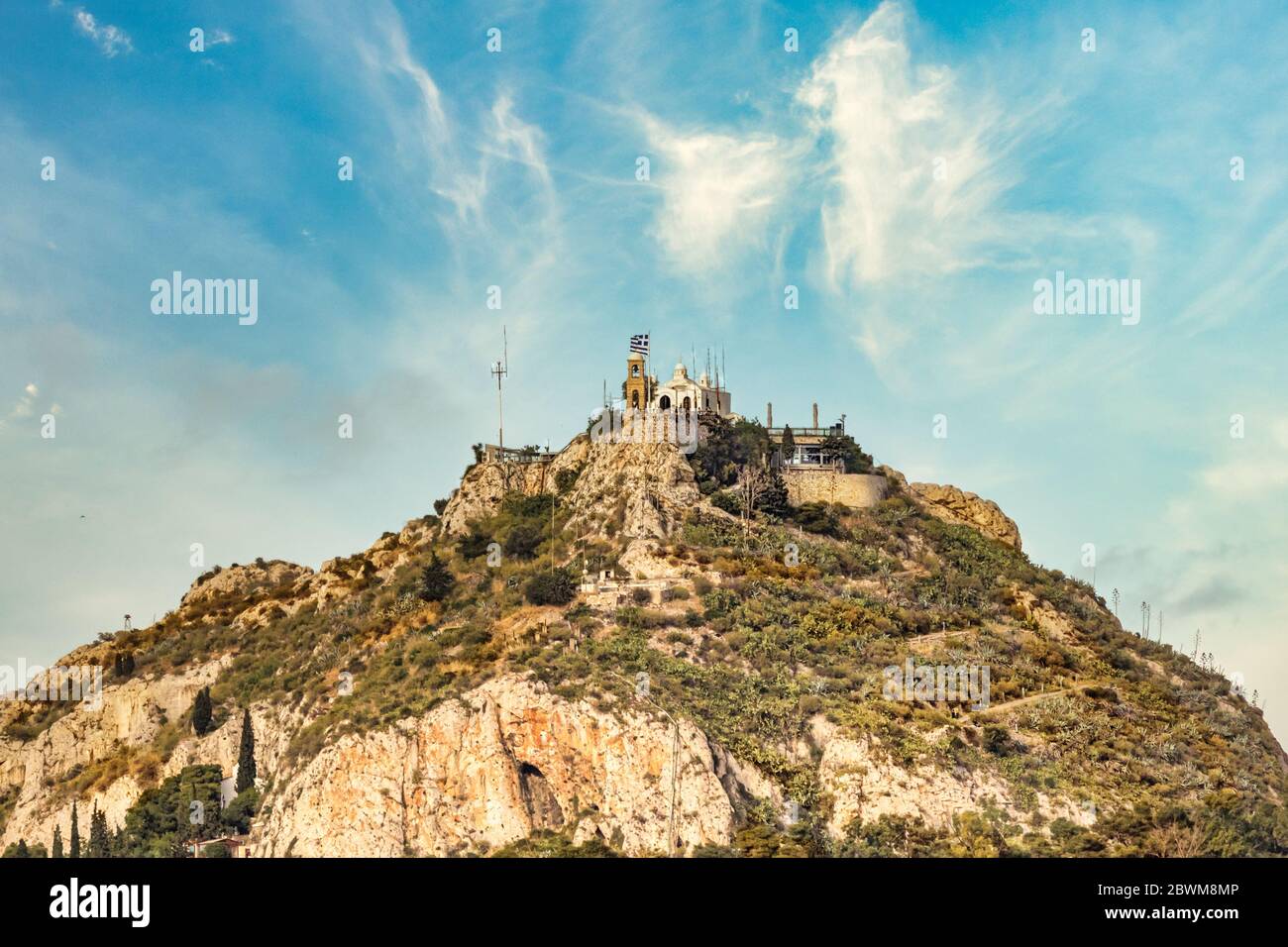Close up view of the mount Lycabettus and the Agios Georgios - St George church in Athens, Greece Stock Photo