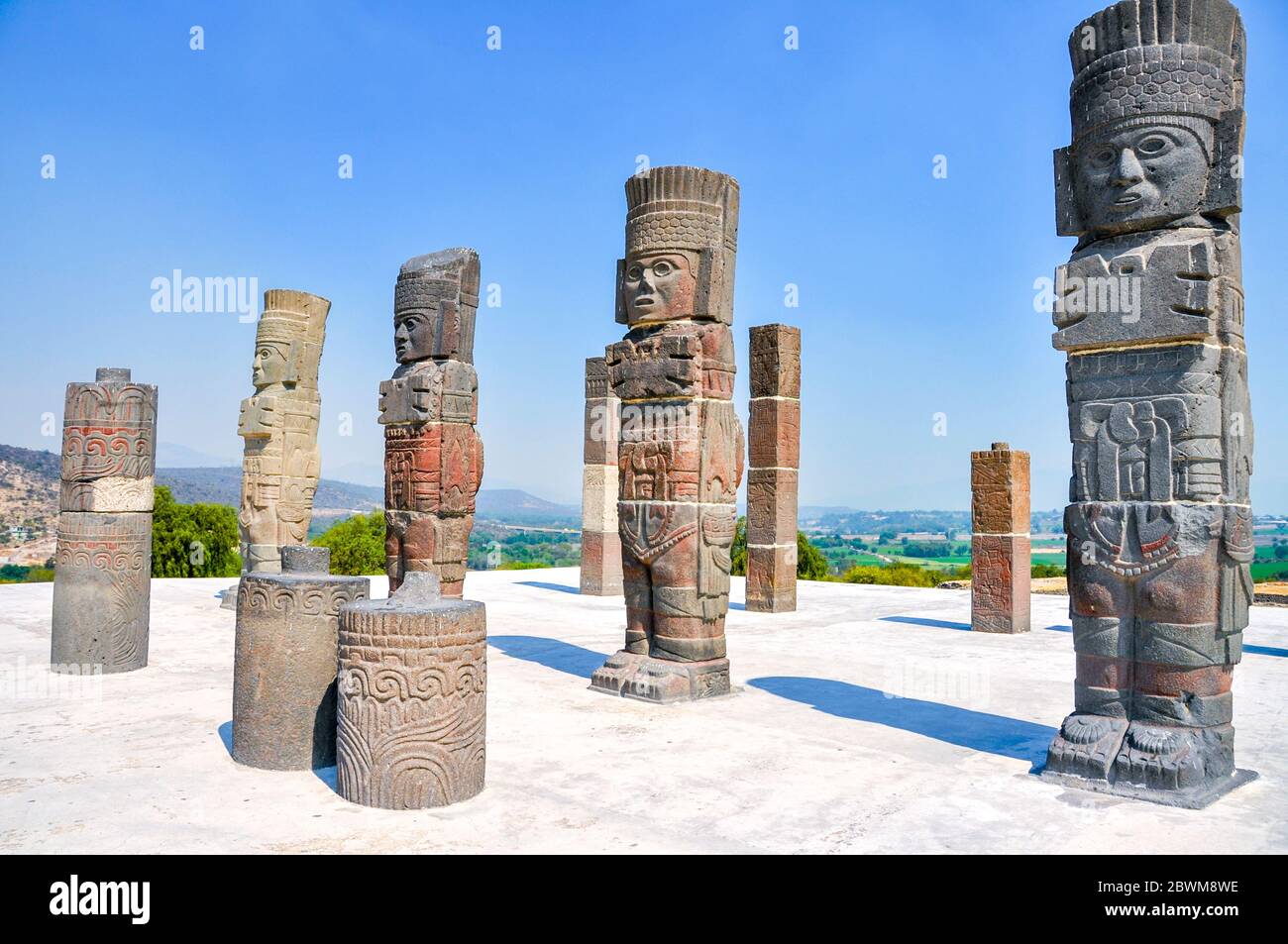 Tula, Mexico. View of Pyramid of Quetzalcoatl with Toltec Warriors columns in ceremonial site called Tula Grande, Mexico Stock Photo