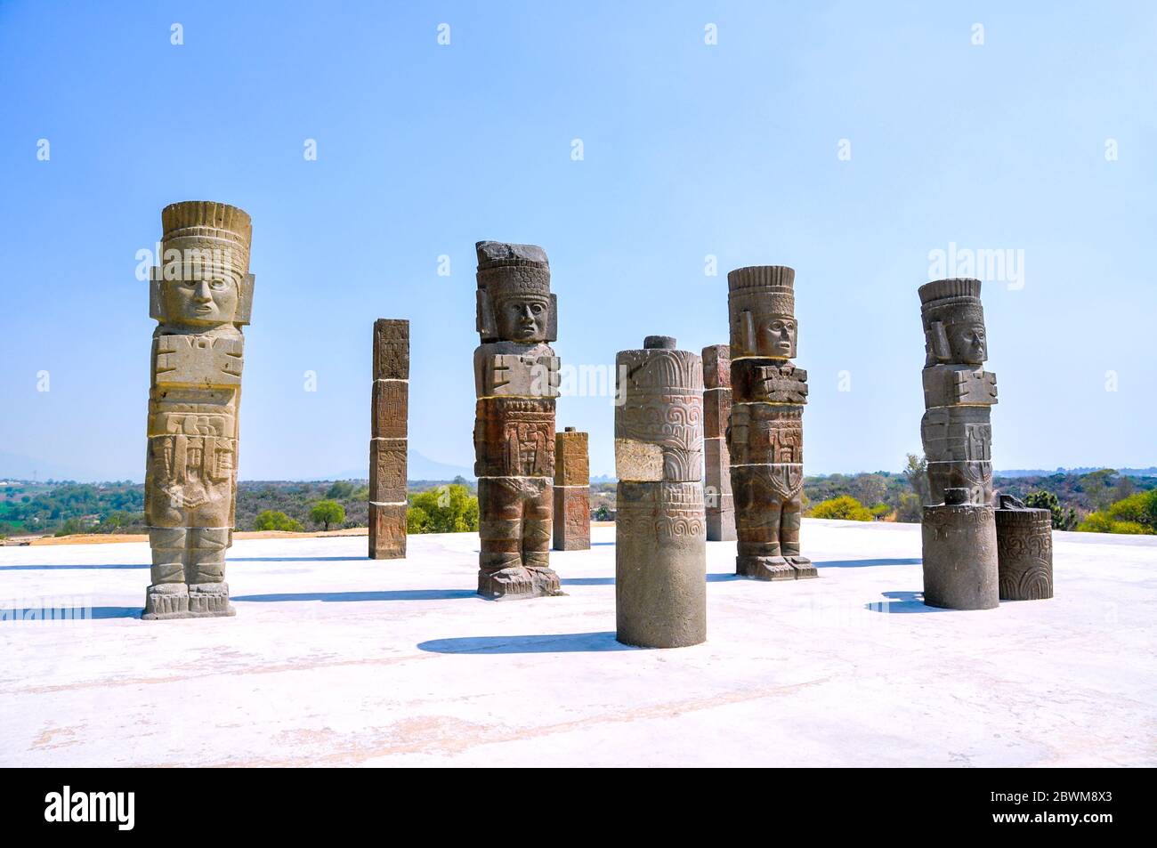 Tula, Mexico. View of Pyramid of Quetzalcoatl with Toltec Warriors columns in ceremonial site called Tula Grande, Mexico Stock Photo