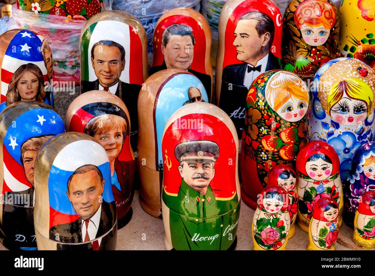 World leaders in matryoshka form for sale as souvenir in Chișinău, Moldova Stock Photo