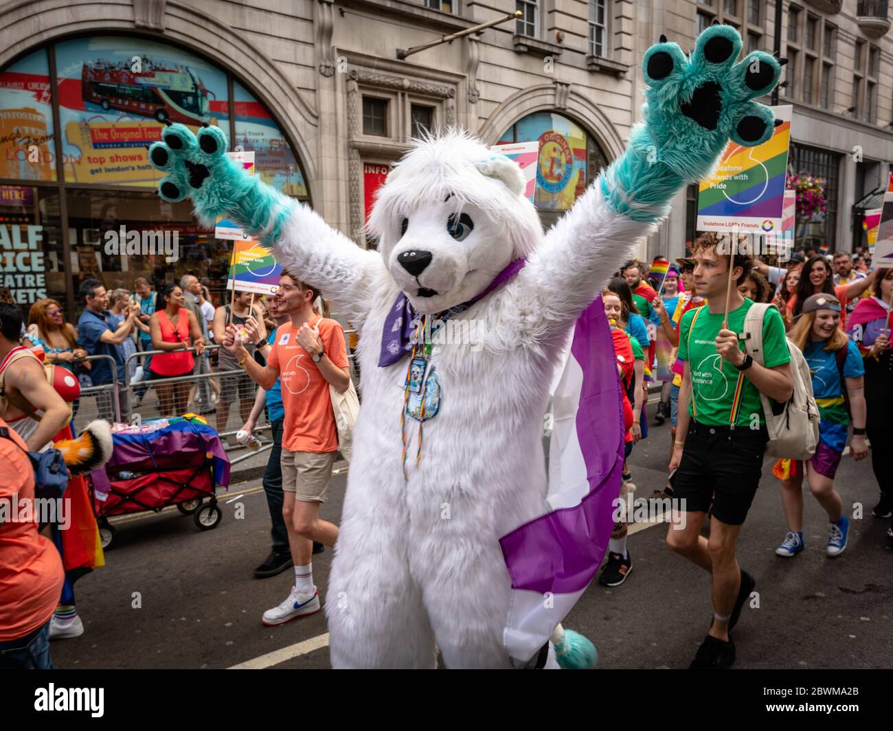 LONDON, ENGLAND - JULY 06: Animal costumes during Pride In London 2019. Pride In London is the UK’s biggest, most diverse Pride which provides a platf Stock Photo
