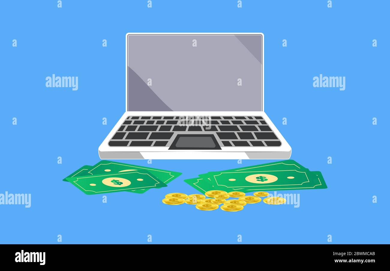 Internet Banking. Vector Illustration Of Laptop With Cash And Coins Lying Around Stock Vector