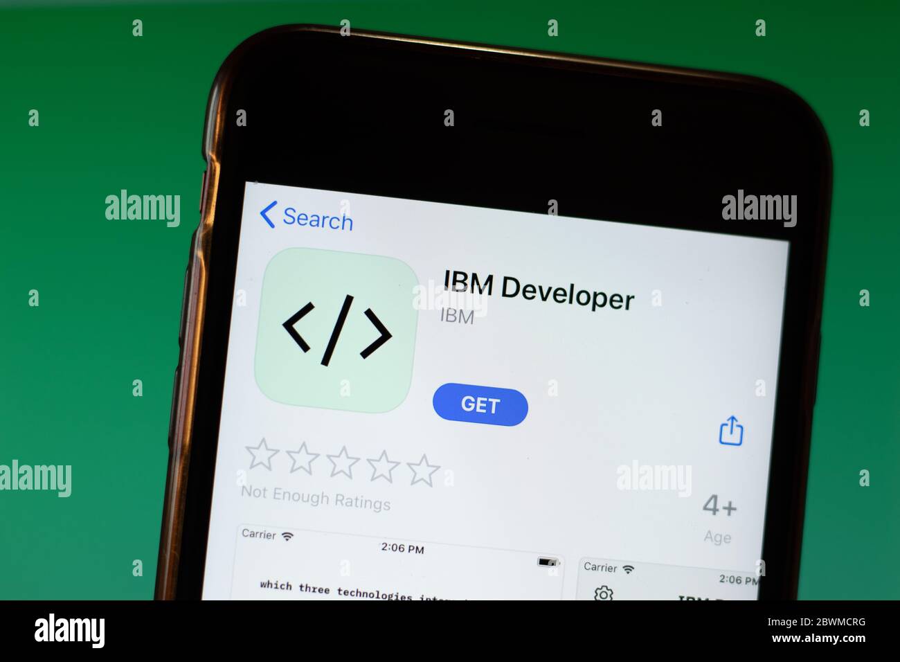 Moscow, Russia - 1 June 2020: IBM Developer app mobile logo close-up on screen display, Illustrative Editorial. Stock Photo