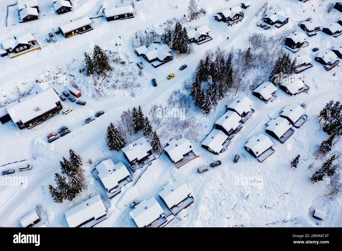 Hafjell, Norway. Aerial view of ski resort Hafjell in Norway with houses in winter with mountains Stock Photo