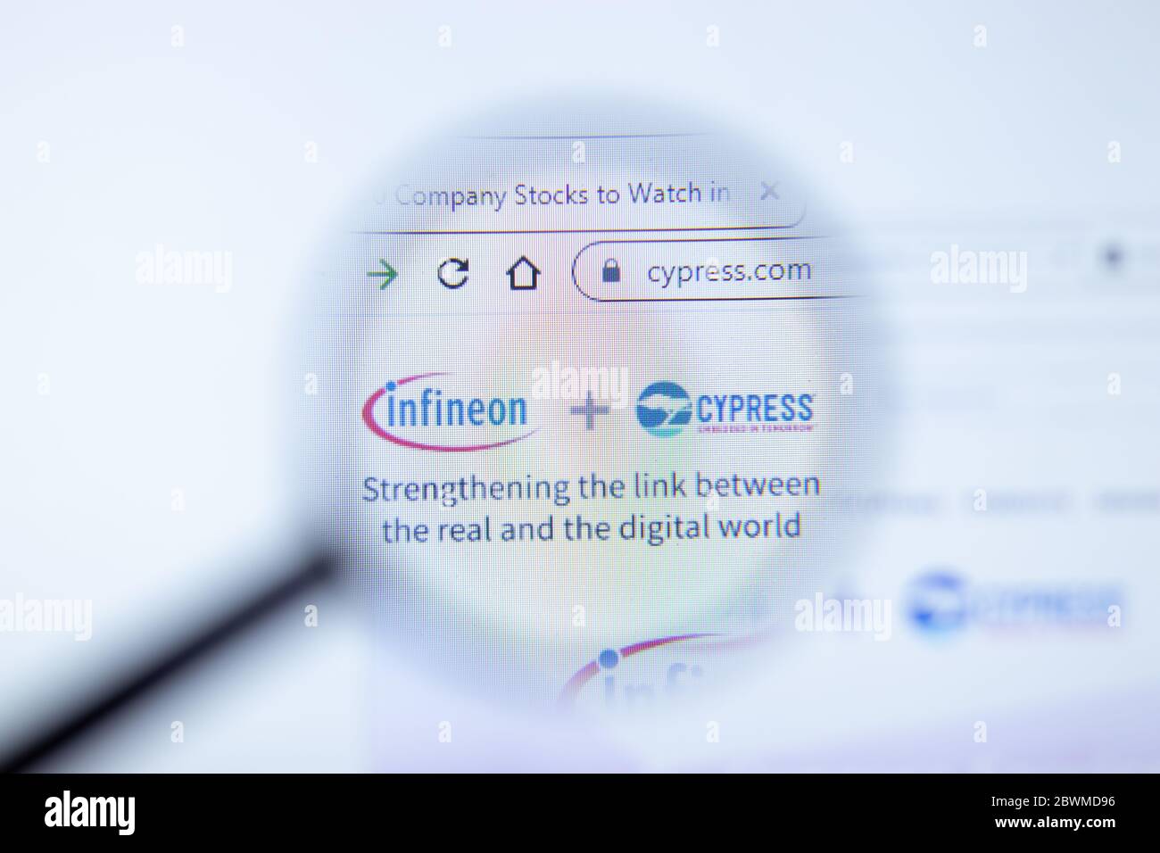 Moscow, Russia - 1 June 2020: Cypress.com website page. Cypress Semiconductor Corp logo on display screen, Illustrative Editorial. Stock Photo