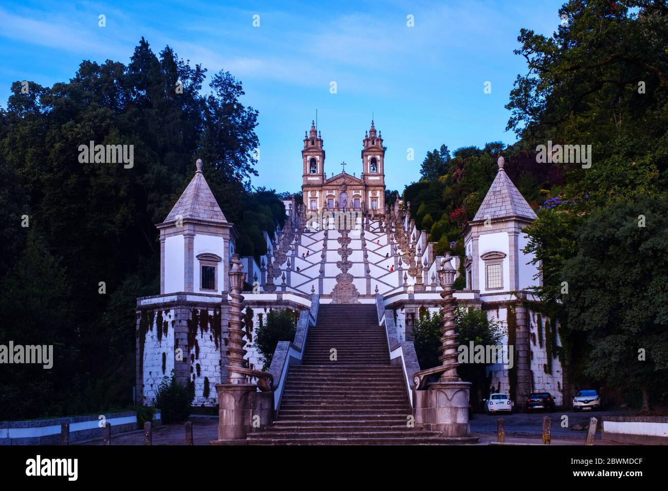 Braga, Portugal. Stairs to the Bom Jesus do Monte Cathedral in Braga, Portugal during the evening Stock Photo