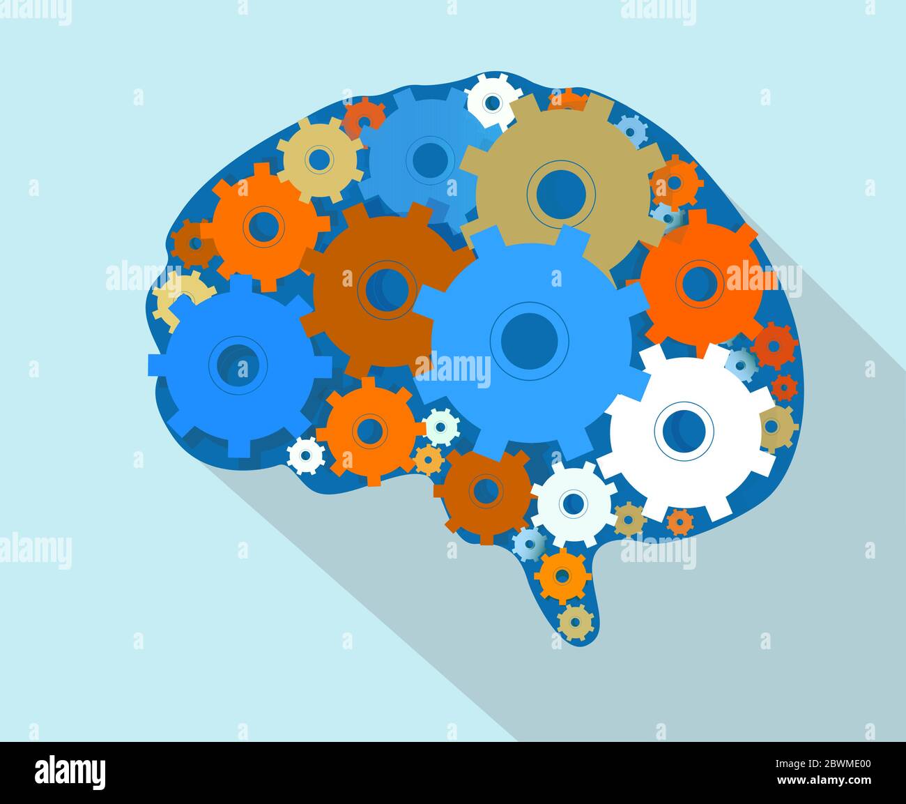 Thinking process and creativity. Human brain with gears on blue background, vector illustration in flat style Stock Vector