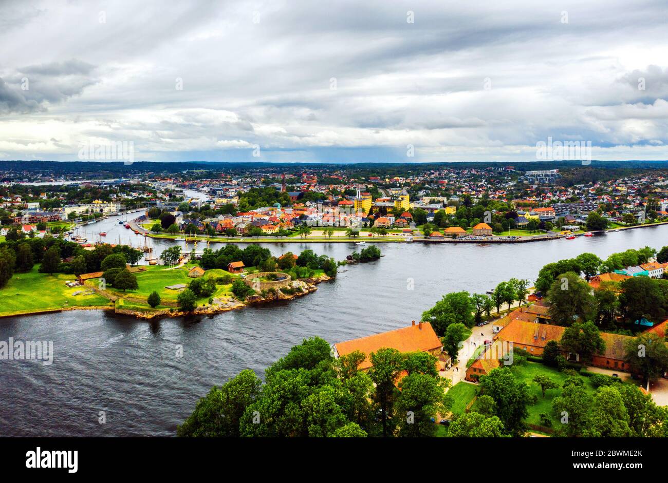 Fredrikstad, Norway. Aerial view of Glomma river in Fredrikstad, Norway with famous landmarks like Isegran Fort Stock Photo