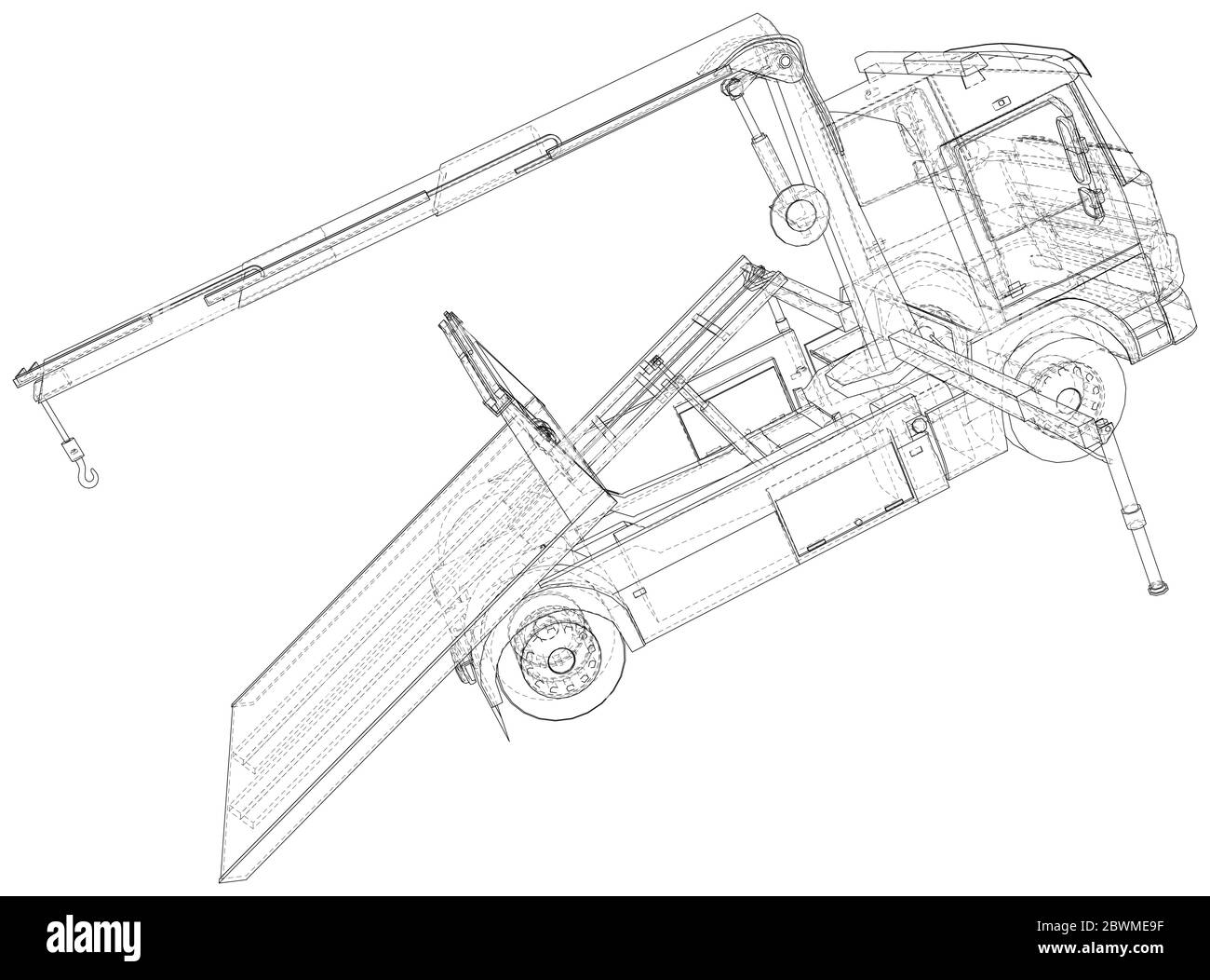 Tow truck vector. Towing car trucking vehicle transportation towage. Help on road. Wire-frame. The layers of visible and invisible lines are separated Stock Vector