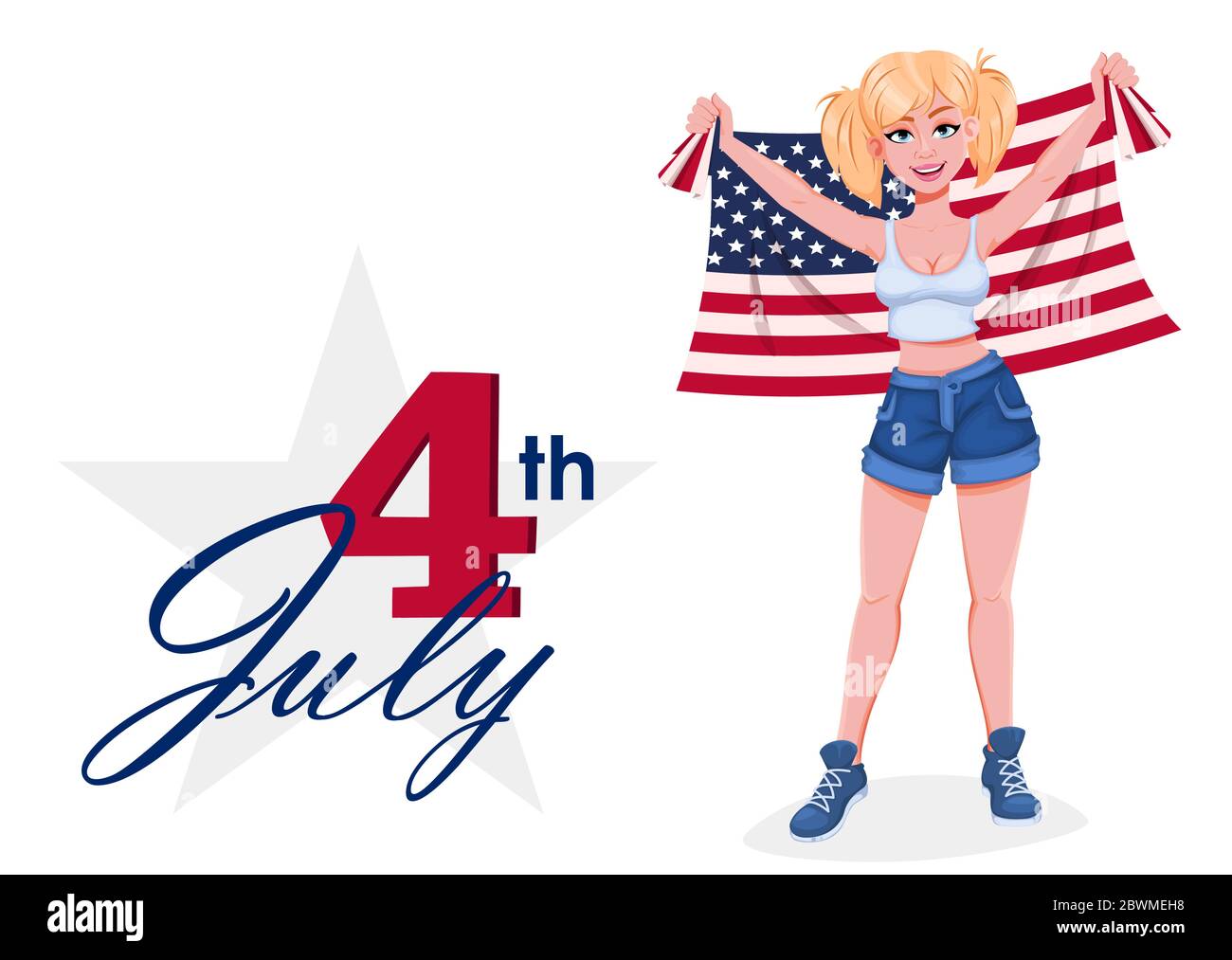 July 4th. Independence day in USA. Greeting card with cheerful girl with flag of United States. Vector illustration Stock Vector