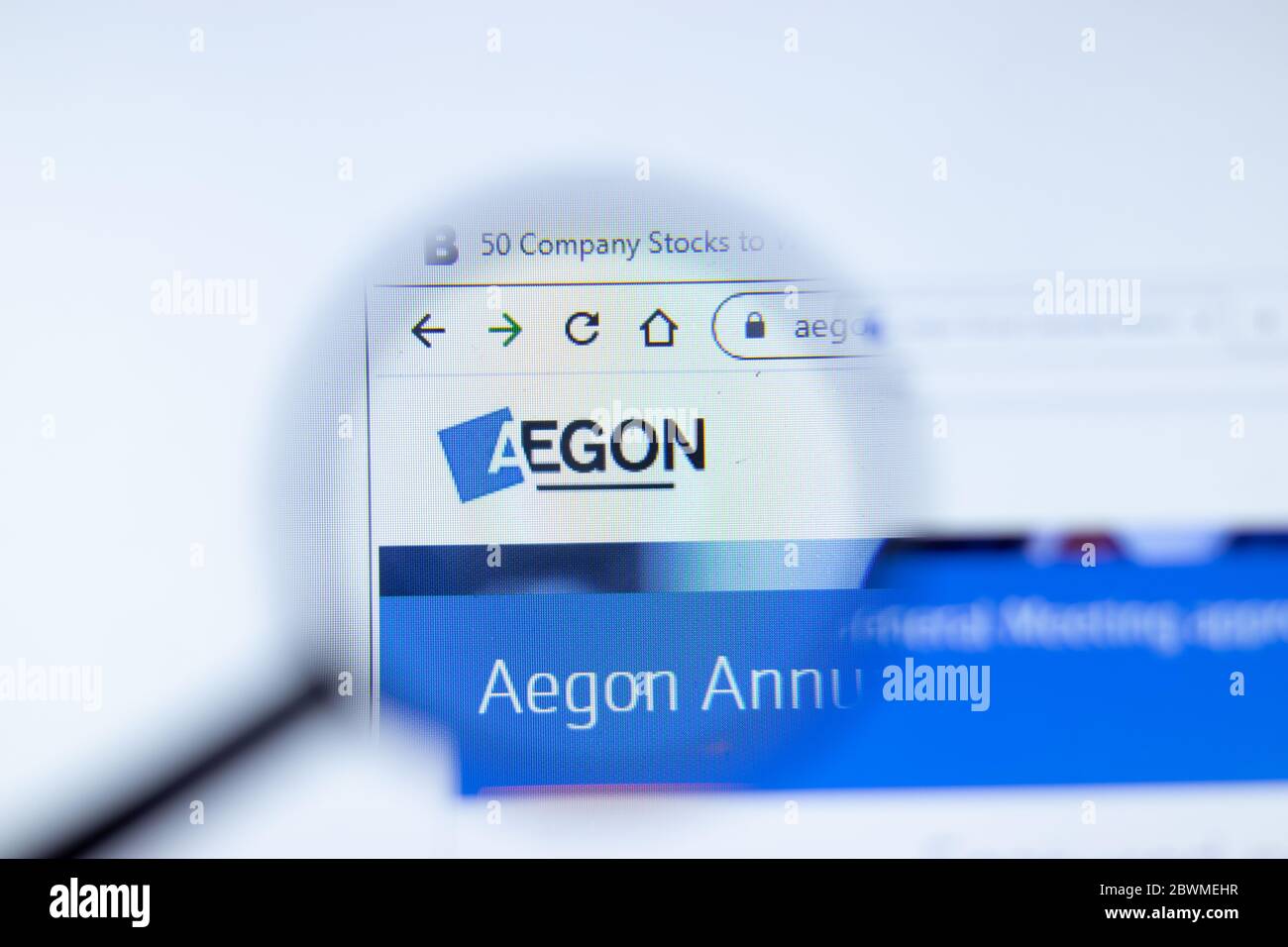 Moscow, Russia - 1 June 2020: Aegon.com website page. Aegon Group Corporate logo on display screen, Illustrative Editorial. Stock Photo