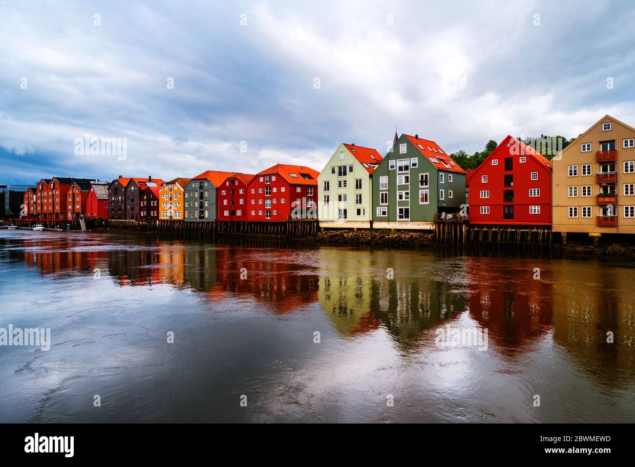 Trondheim, Norway. City center of Trondheim, Norway during the cloudy summer day. Historical colorful buildings Stock Photo