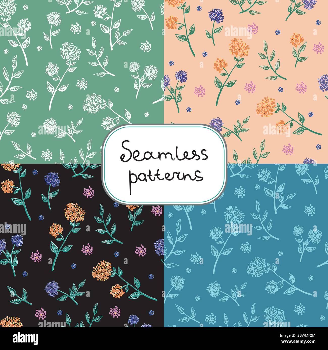 Vector illustration set of four decorative seamless patterns with twigs and flowers. floral background. Endless texture can be used for wallpaper Stock Vector