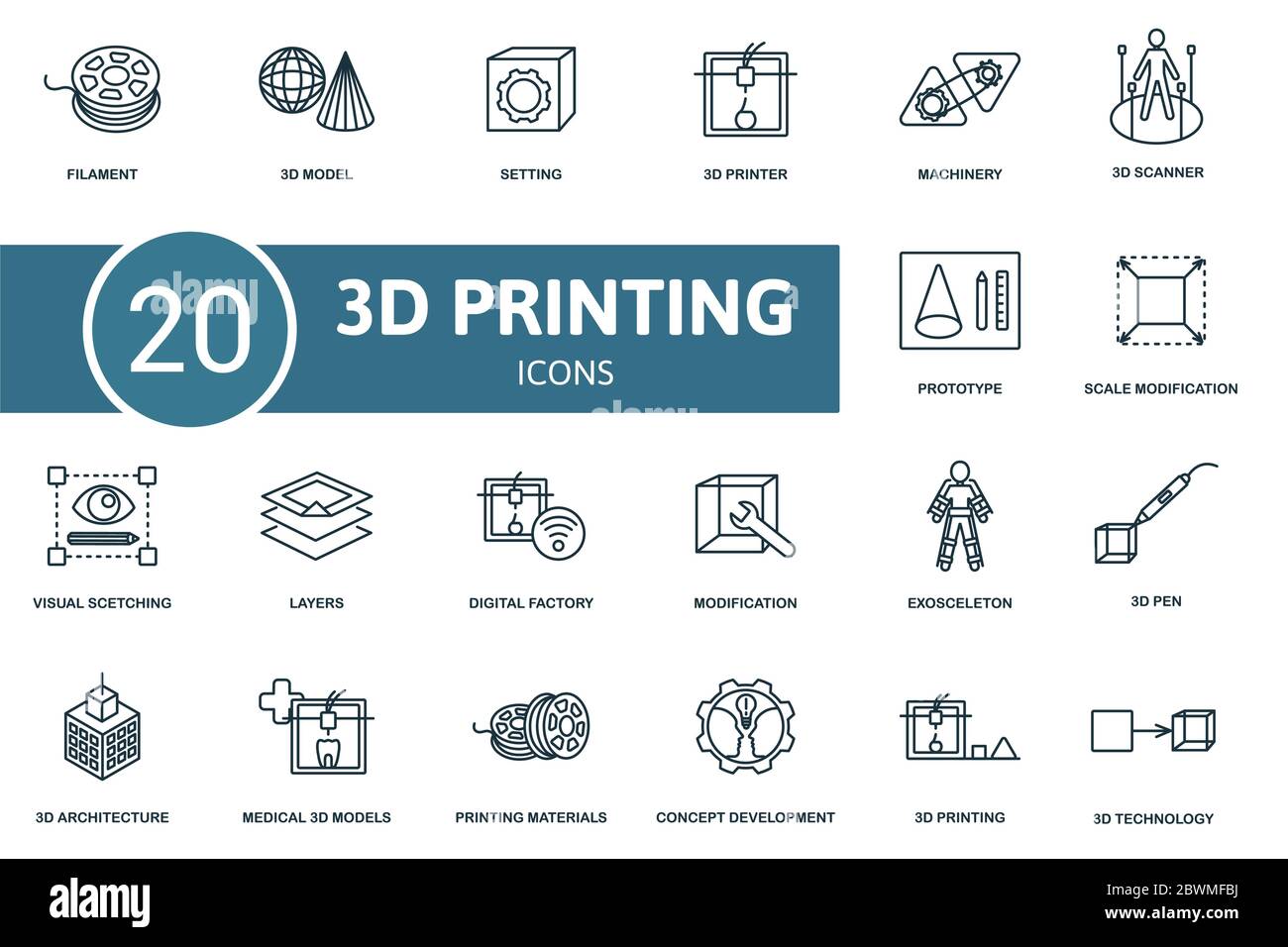3D Printing icon set. Collection contain filament, model, setting, printer, machinery, scanner and over icons. 3D Printing elements set Stock Vector